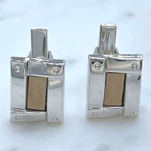 925 Silver Trim & 14K Gold Center Rectangle Elegant Formal Whale Back Cufflinks - Picture 3 of 10